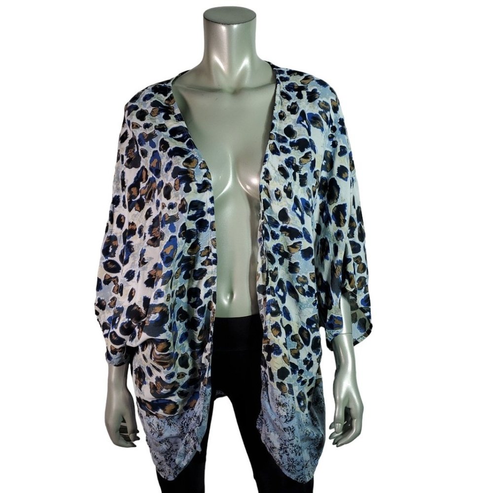 Tanzara Top Plus Size 3X Leopard Print Open‎ Front Lightweight 3/4 Sleeve Blue